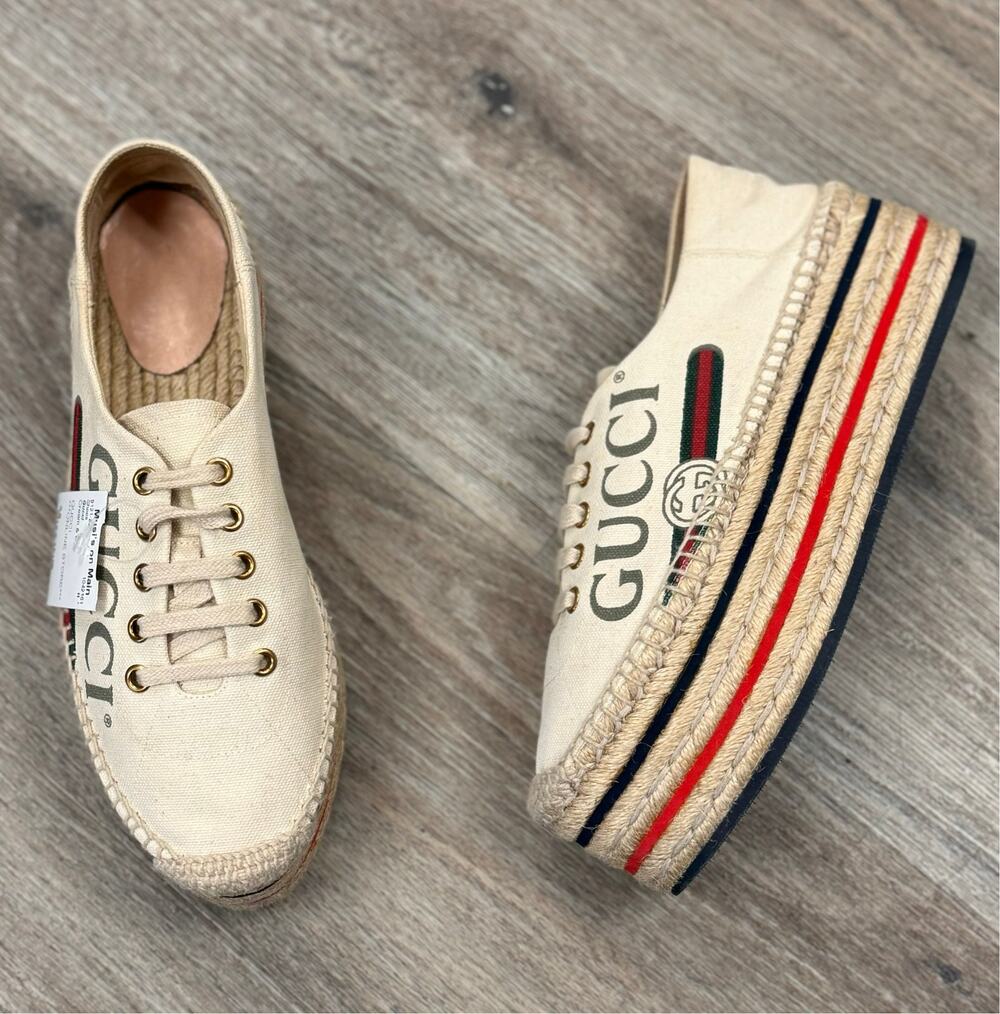 GUCCI Lillibeth Web Canvas Espadrille Sneakers Logo Platform Shoes Sz. 38